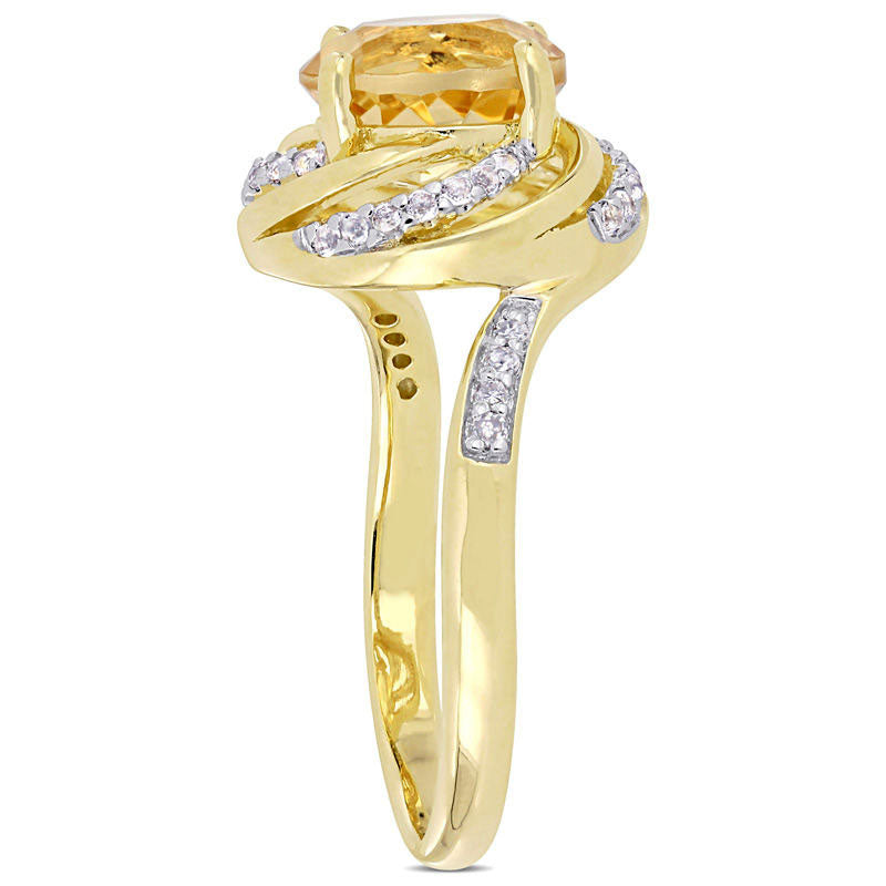 8.0mm Citrine and White Topaz with 0.05 CT. T.W. Swirl Frame Ring in Sterling Silver with Yellow Rhodium