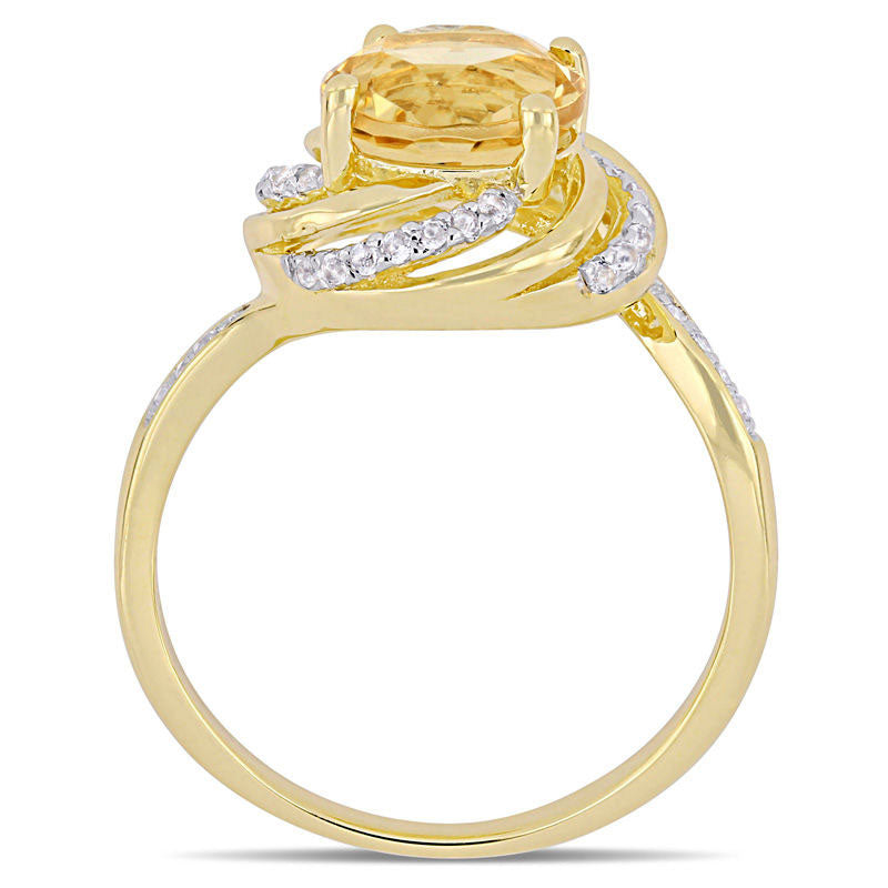 8.0mm Citrine and White Topaz with 0.05 CT. T.W. Swirl Frame Ring in Sterling Silver with Yellow Rhodium