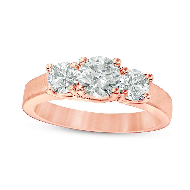 1.5 CT. T.W. Natural Diamond Three Stone Satin-Finish Engagement Ring in Solid 14K Rose Gold