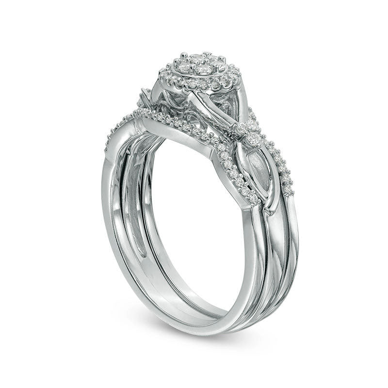 0.33 CT. T.W. Composite Natural Diamond Frame Twist Three Piece Bridal Engagement Ring Set in Sterling Silver