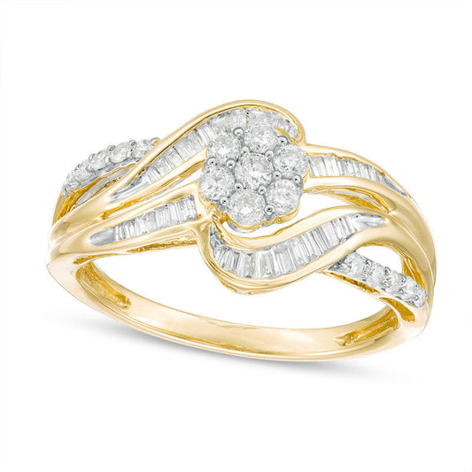 0.50 CT. T.W. Baguette and Round Composite Natural Diamond Bypass Ring in Solid 10K Yellow Gold