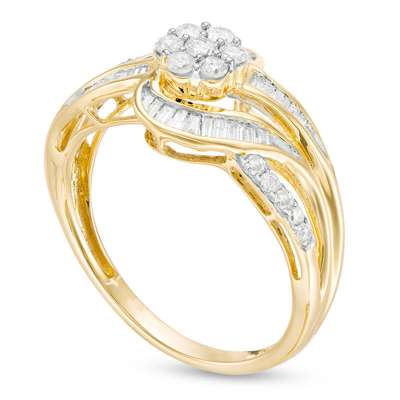 0.50 CT. T.W. Baguette and Round Composite Natural Diamond Bypass Ring in Solid 10K Yellow Gold