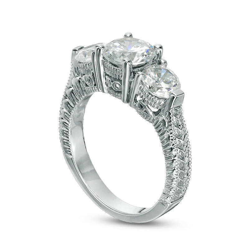 3.0 CT. T.W. Natural Diamond Three Stone Antique Vintage-Style Engagement Ring in Solid 14K White Gold