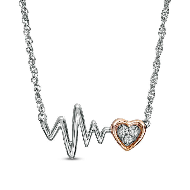 0.05 CT. T.W. Natural Diamond Heartbeat and Heart Necklace in Sterling Silver and 10K Rose Gold - 17.15"