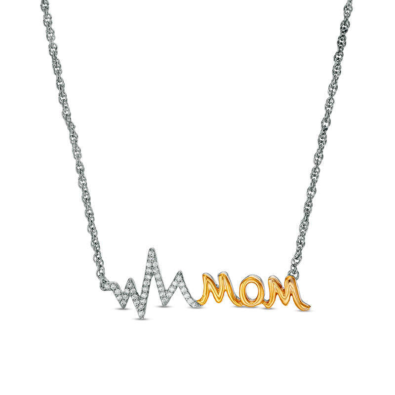 0.1 CT. T.W. Natural Diamond "MOM" Heartbeat Necklace in Sterling Silver and 10K Yellow Gold - 16.85"