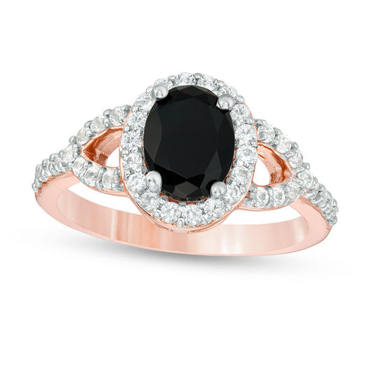 Oval Lab-Created Black and White Sapphire Frame Open Leaf Ring in Solid 10K Rose Gold