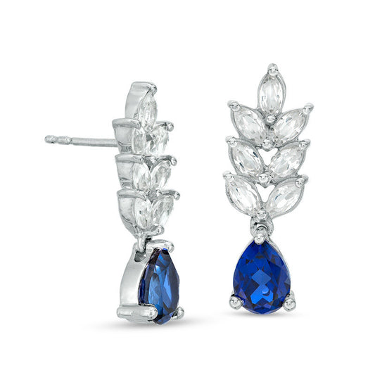 Pear-Shaped Lab-Created Blue and Marquise White Sapphire Leaf Drop Earrings in 10K White Gold