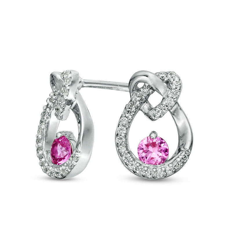 3.0mm Lab-Created Pink Sapphire and 0.17 CT. T.W. Diamond Heart Knot Teardrop Earrings in 10K White Gold