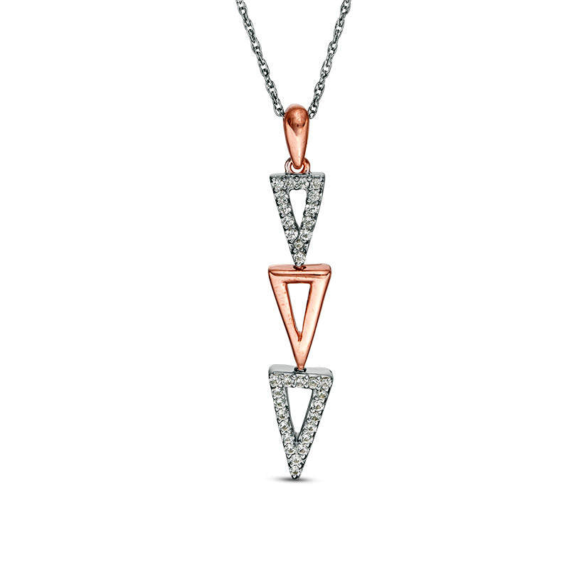 Lab-Created White Sapphire Graduated Open Triple Triangle Drop Pendant in Sterling Silver and 10K Rose Gold