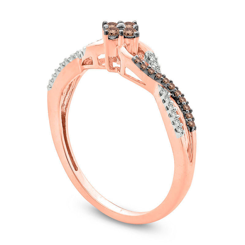 0.20 CT. T.W. Quad Champagne and White Natural Diamond Twist Promise Ring in Solid 10K Rose Gold