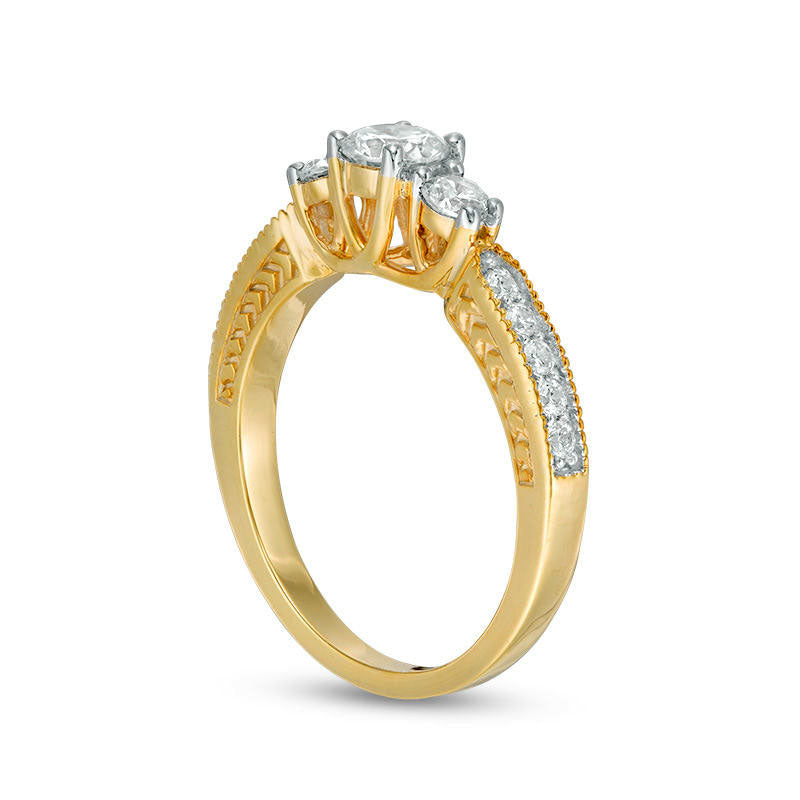 0.75 CT. T.W. Natural Diamond Three Stone Antique Vintage-Style Engagement Ring in Solid 10K Yellow Gold