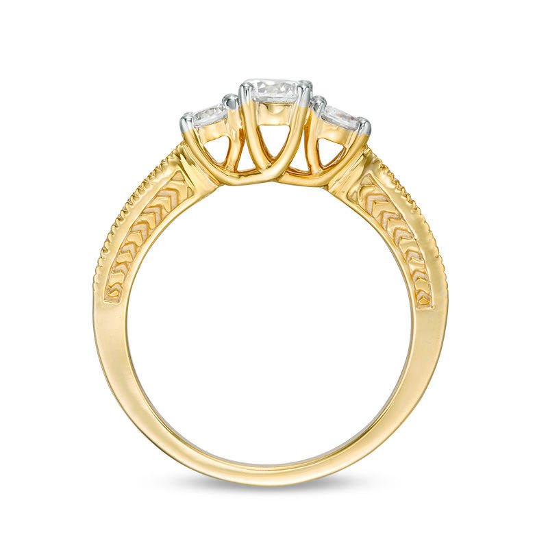 0.75 CT. T.W. Natural Diamond Three Stone Antique Vintage-Style Engagement Ring in Solid 10K Yellow Gold