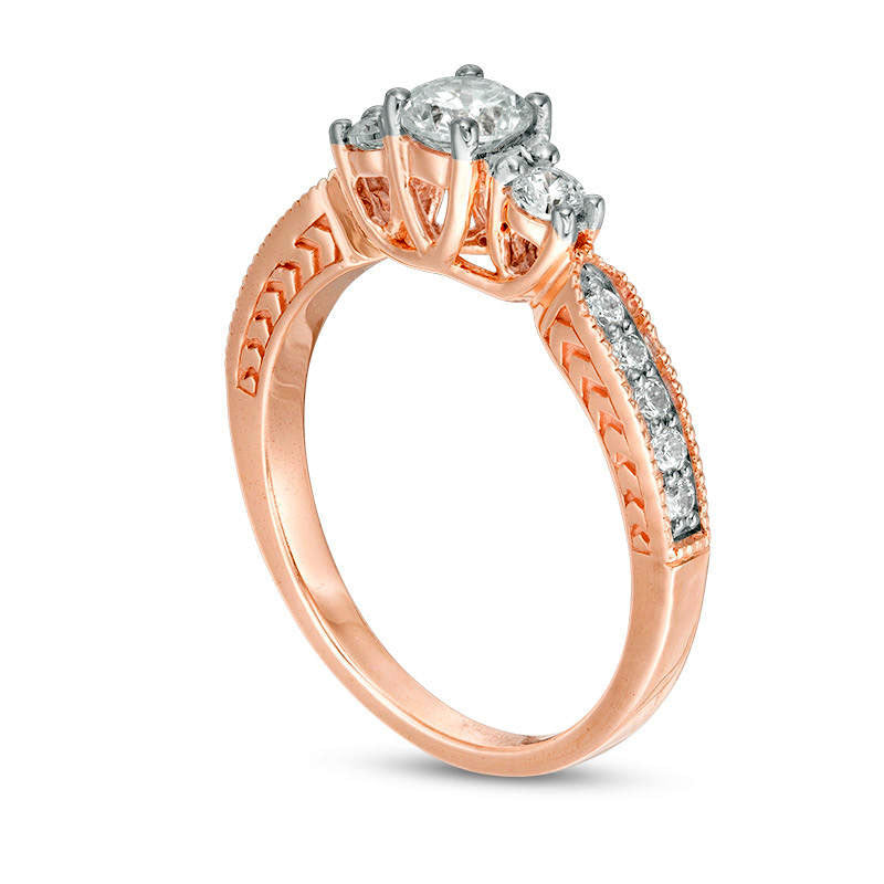 0.75 CT. T.W. Natural Diamond Three Stone Antique Vintage-Style Engagement Ring in Solid 10K Rose Gold