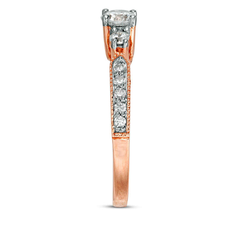 0.75 CT. T.W. Natural Diamond Three Stone Antique Vintage-Style Engagement Ring in Solid 10K Rose Gold