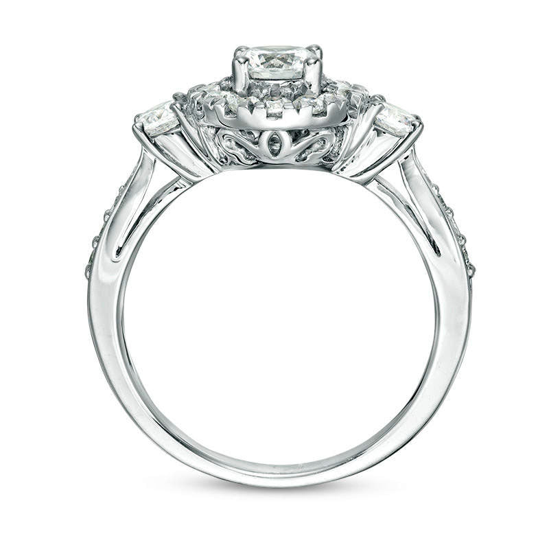 1.0 CT. T.W. Natural Diamond Frame Three Stone Engagement Ring in Solid 10K White Gold