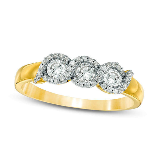 0.50 CT. T.W. Natural Diamond Three Stone Twist Frame Engagement Ring in Solid 10K Yellow Gold