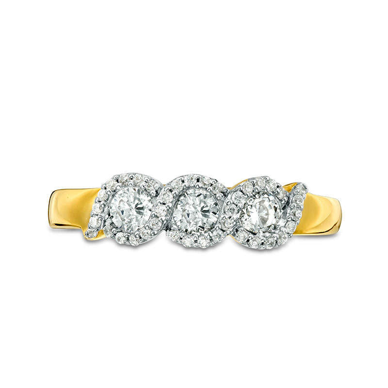 0.50 CT. T.W. Natural Diamond Three Stone Twist Frame Engagement Ring in Solid 10K Yellow Gold