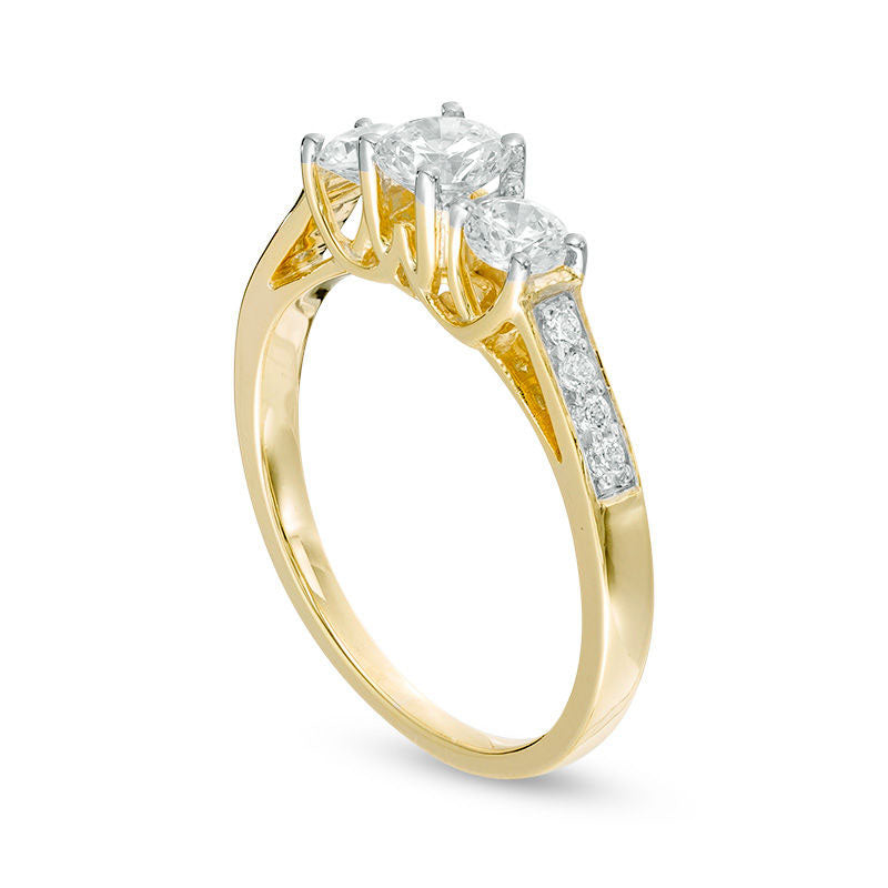 0.75 CT. T.W. Natural Diamond Three Stone Engagement Ring in Solid 10K Yellow Gold