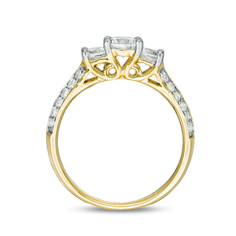 1.0 CT. T.W. Natural Diamond Three Stone Two Row Engagement Ring in Solid 10K Yellow Gold