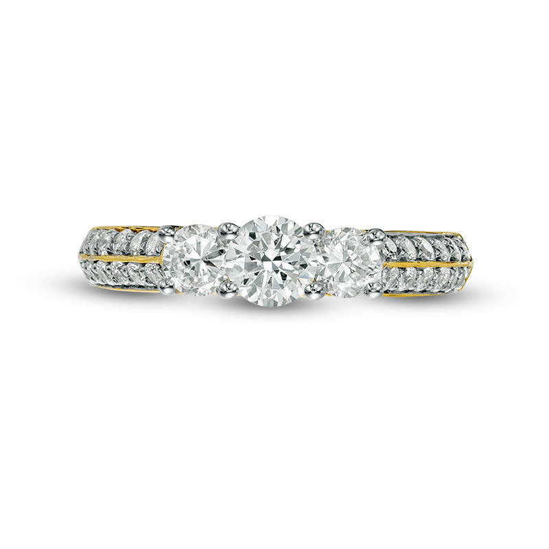 1.0 CT. T.W. Natural Diamond Three Stone Two Row Engagement Ring in Solid 10K Yellow Gold