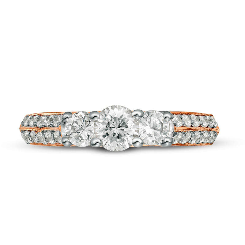 1.0 CT. T.W. Natural Diamond Three Stone Two Row Engagement Ring in Solid 10K Rose Gold