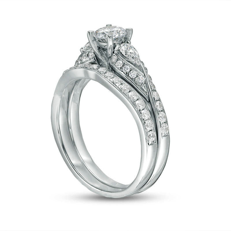 1.38 CT. T.W. Natural Diamond Bypass Three Stone Bridal Engagement Ring Set in Solid 14K White Gold