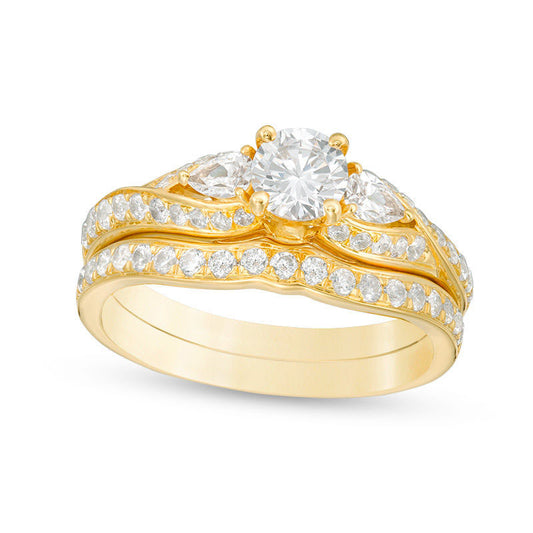 1.38 CT. T.W. Natural Diamond Bypass Three Stone Bridal Engagement Ring Set in Solid 14K Gold