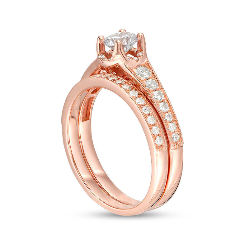 1.0 CT. T.W. Natural Diamond Antique Vintage-Style Bridal Engagement Ring Set in Solid 14K Rose Gold