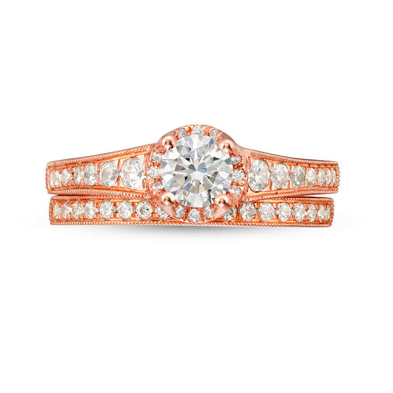 1.0 CT. T.W. Natural Diamond Antique Vintage-Style Bridal Engagement Ring Set in Solid 14K Rose Gold