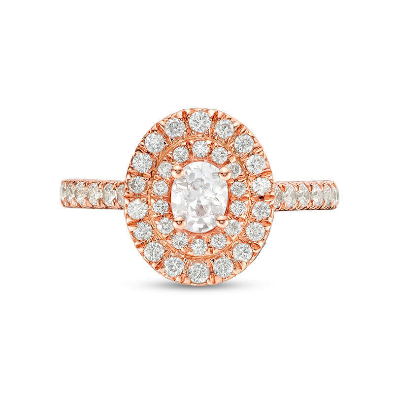 1.0 CT. T.W. Oval and Round Natural Diamond Double Frame Engagement Ring in Solid 14K Rose Gold