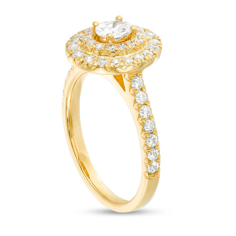 1.0 CT. T.W. Oval and Round Natural Diamond Double Frame Engagement Ring in Solid 14K Gold