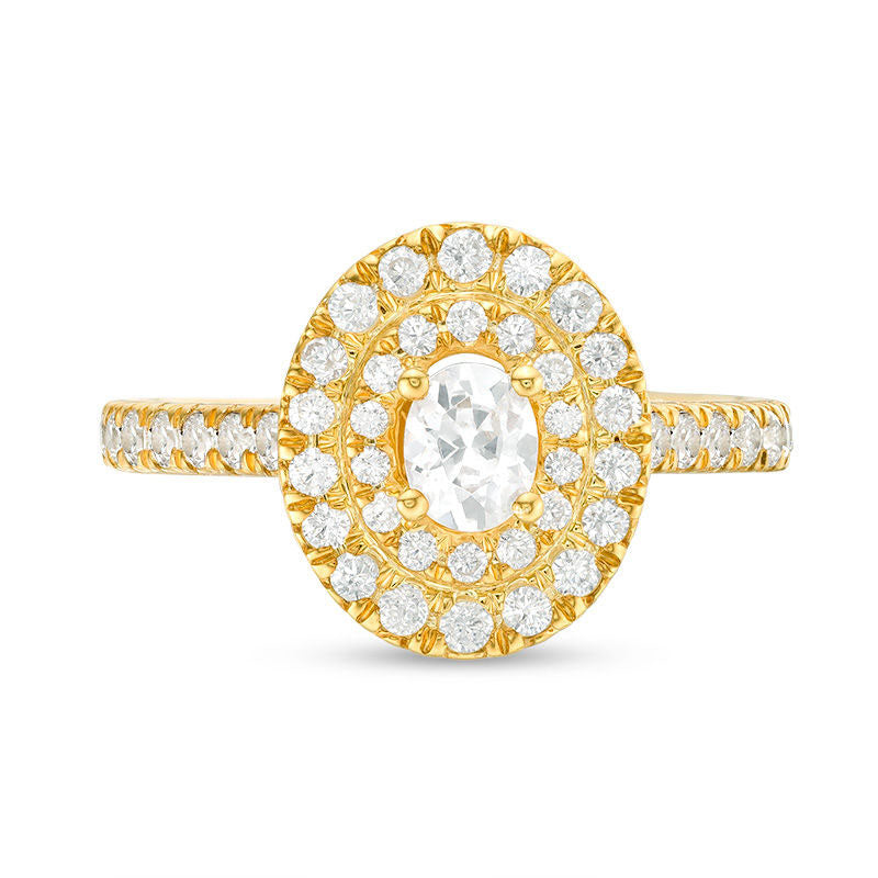 1.0 CT. T.W. Oval and Round Natural Diamond Double Frame Engagement Ring in Solid 14K Gold