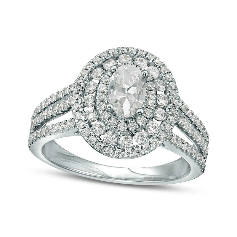 1.33 CT. T.W. Oval Natural Diamond Frame Multi-Row Engagement Ring in Solid 14K White Gold