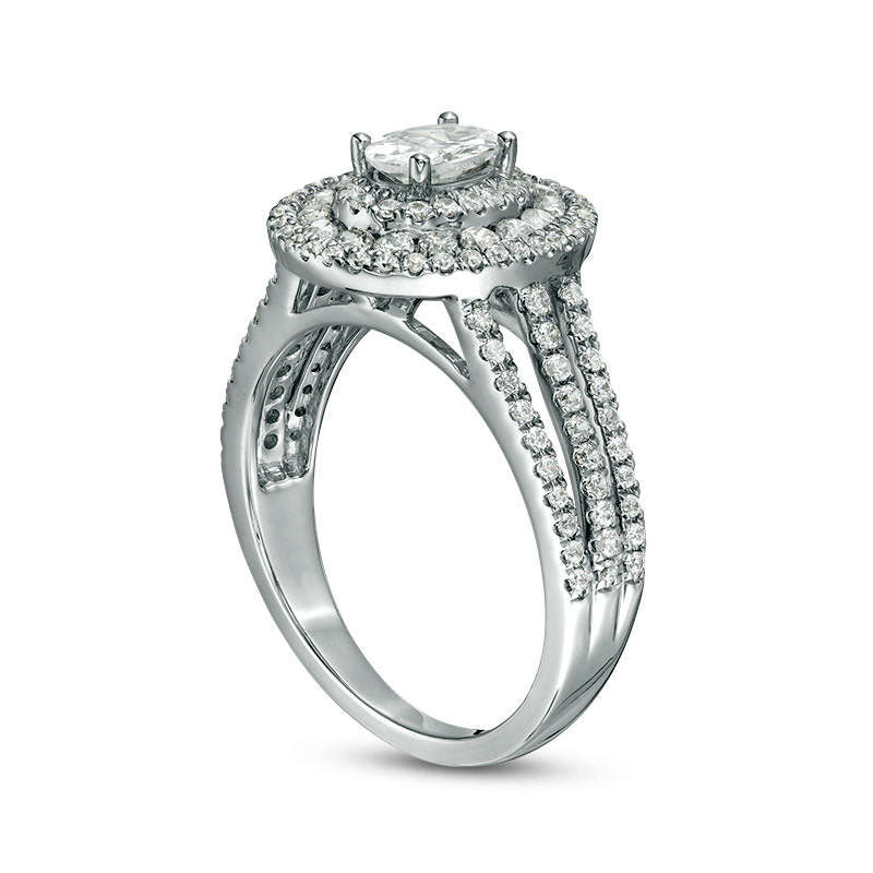 1.33 CT. T.W. Oval Natural Diamond Frame Multi-Row Engagement Ring in Solid 14K White Gold