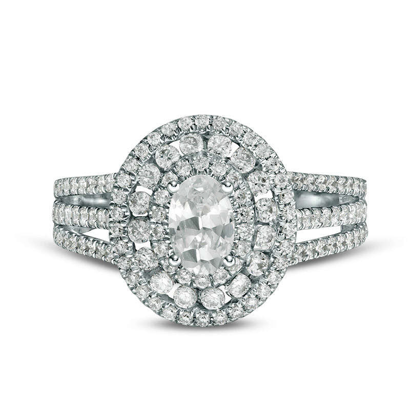 1.33 CT. T.W. Oval Natural Diamond Frame Multi-Row Engagement Ring in Solid 14K White Gold