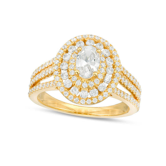 1.33 CT. T.W. Oval Natural Diamond Frame Multi-Row Engagement Ring in Solid 14K Gold