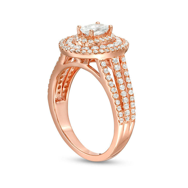 1.33 CT. T.W. Oval Natural Diamond Frame Multi-Row Engagement Ring in Solid 14K Rose Gold