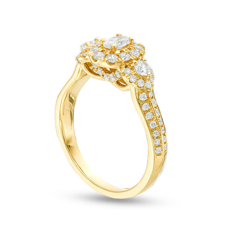 1.0 CT. T.W. Oval Natural Diamond Frame Three Stone Double Row Engagement Ring in Solid 14K Gold