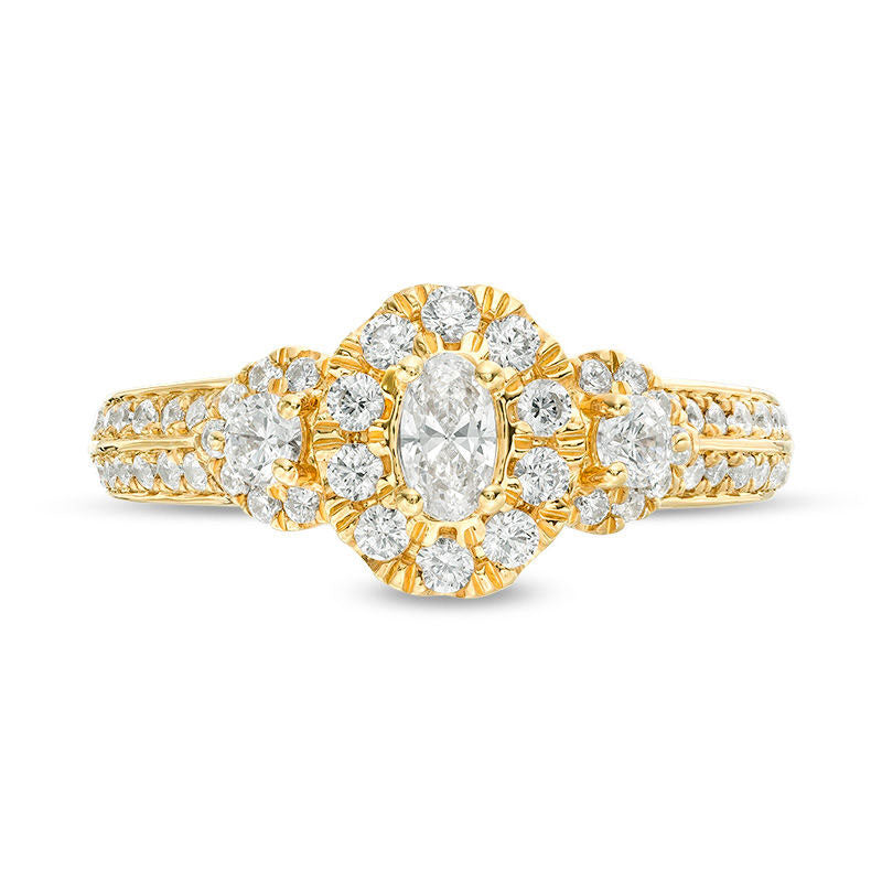 1.0 CT. T.W. Oval Natural Diamond Frame Three Stone Double Row Engagement Ring in Solid 14K Gold