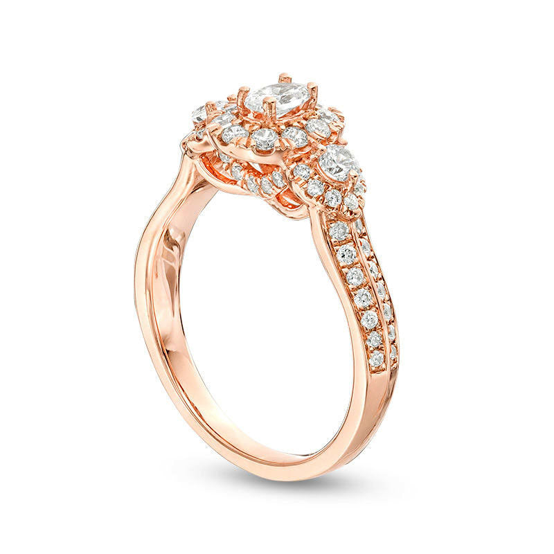 1.0 CT. T.W. Oval Natural Diamond Frame Three Stone Double Row Engagement Ring in Solid 14K Rose Gold