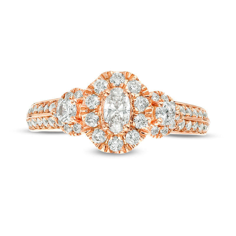 1.0 CT. T.W. Oval Natural Diamond Frame Three Stone Double Row Engagement Ring in Solid 14K Rose Gold