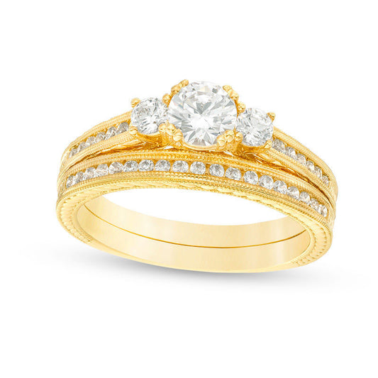 1.0 CT. T.W. Natural Diamond Three Stone Antique Vintage-Style Bridal Engagement Ring Set in Solid 14K Gold