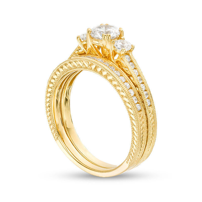 1.0 CT. T.W. Natural Diamond Three Stone Antique Vintage-Style Bridal Engagement Ring Set in Solid 14K Gold