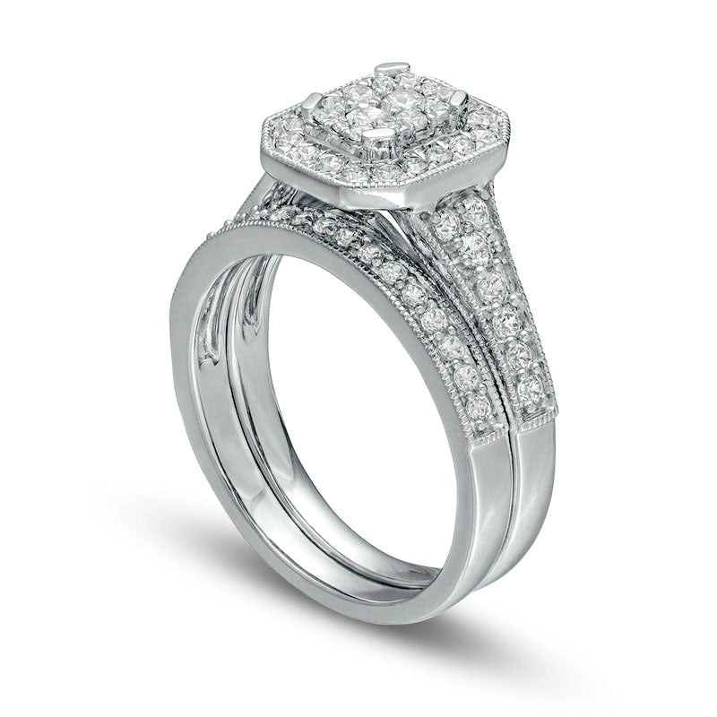 0.75 CT. T.W. Composite Natural Diamond Octagon Frame Antique Vintage-Style Bridal Engagement Ring Set in Solid 14K White Gold