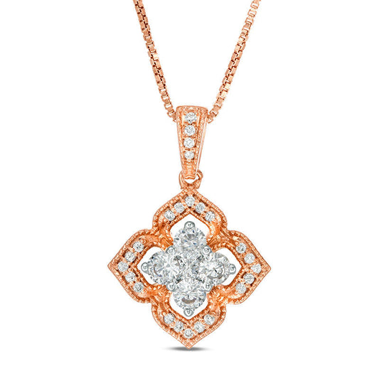 0.5 CT. T.W. Quad Natural Diamond Flower Frame Antique Vintage-Style Beaded Pendant in 10K Rose Gold