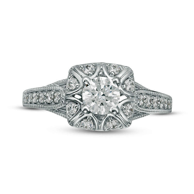 0.75 CT. T.W. Natural Diamond Cushion Frame Antique Vintage-Style Engagement Ring in Solid 10K White Gold