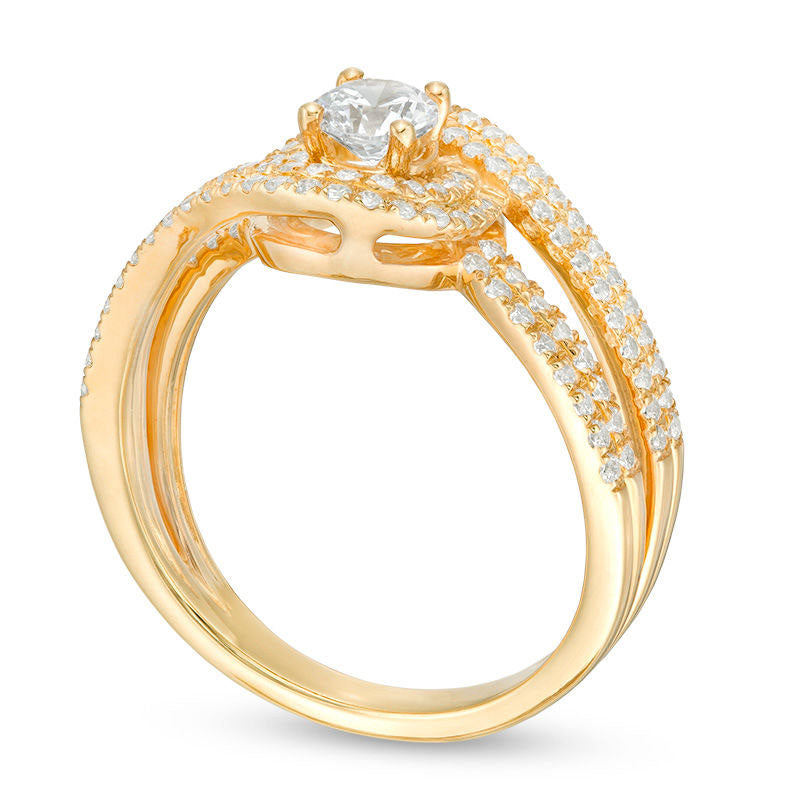 1.0 CT. T.W. Natural Diamond Swirl Bypass Frame Multi-Row Engagement Ring in Solid 14K Gold