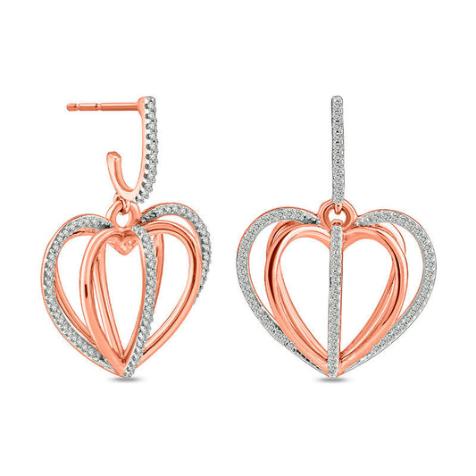 0.25 CT. T.W. Diamond Layered Orbit Heart J-Drop Earrings in 10K Rose Gold