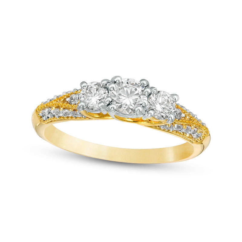 0.75 CT. T.W. Natural Diamond Three Stone V-Sides Antique Vintage-Style Engagement Ring in Solid 10K Yellow Gold