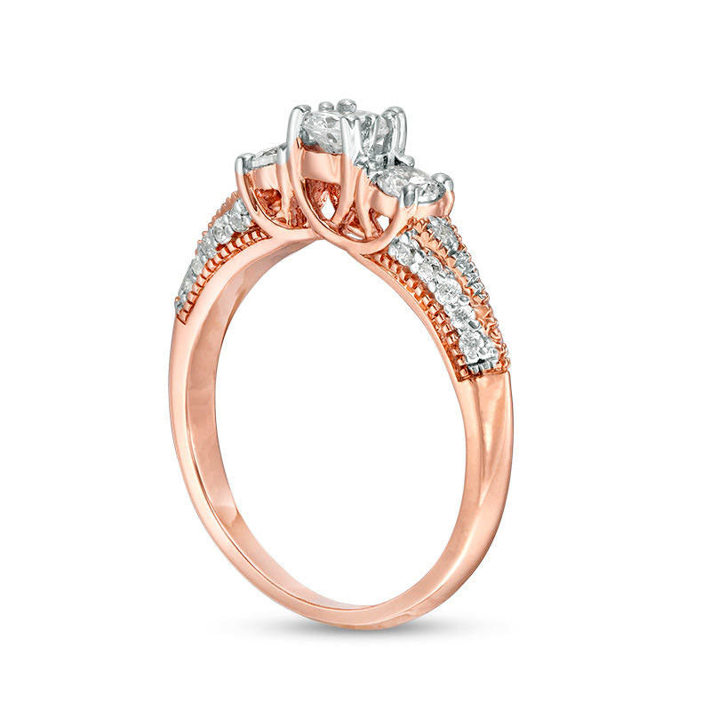 0.75 CT. T.W. Natural Diamond Three Stone V-Sides Antique Vintage-Style Engagement Ring in Solid 10K Rose Gold